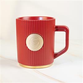 350ml「慈恩天下」徽章竖纹创意陶瓷杯 星巴风咖啡杯 水杯  红色