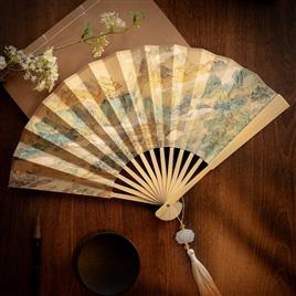 国风写意富贵园定制折扇 8寸宣纸，中玉扇骨